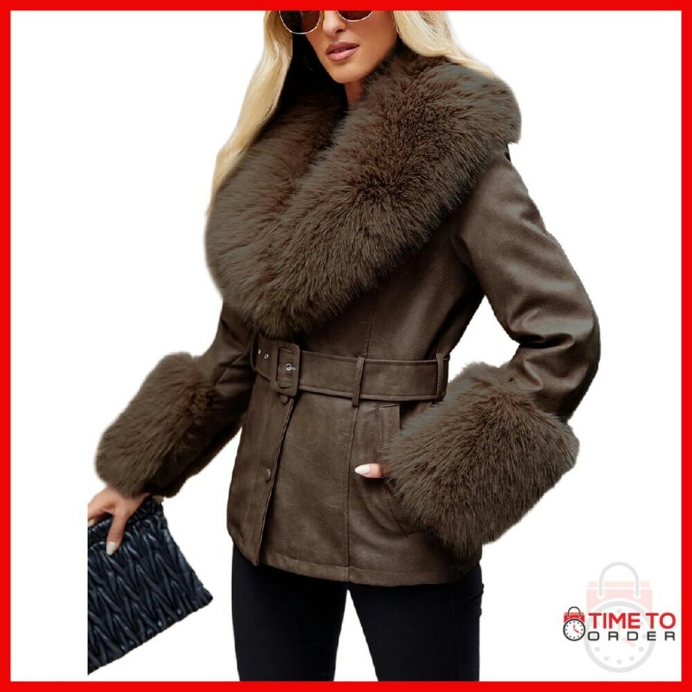 Faux Leather Jacket with Faux Fur Collar, Adjustable Belt, Winter Coat